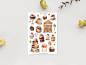 Preview: Stickerbogen mit verschiedenen handgezeichneten Dessertmotiven, darunter Schichttorten, Cupcakes, eine Vitrine mit süßen Köstlichkeiten und Löffeln. Die Sticker sind detailliert gestaltet mit Blumen und Beeren als Dekoration, ideal für die Verzierung von